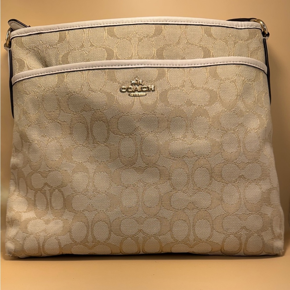 Coach Beige and White Signature Shoulder Bag